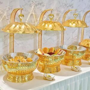 Luxury stainless steel chafing dishes with hinged lid.